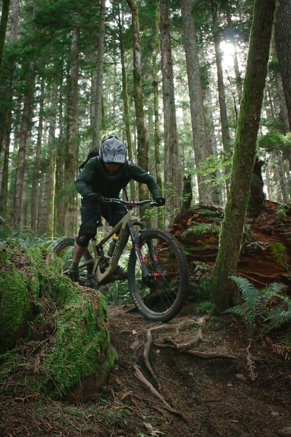 Mountainbiker rijdt bergafwaarts op een mosrijk bospad.